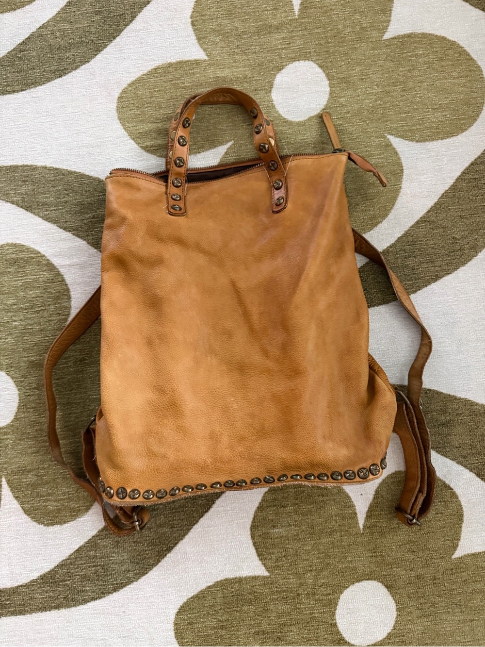 Tan Leather Studded Backpack Tote